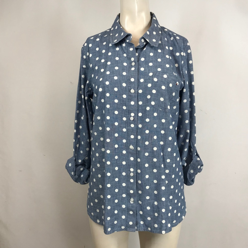 Tommy Hilfiger Women Blue White Polka Dot Long Sleeve Button Up Shirt M